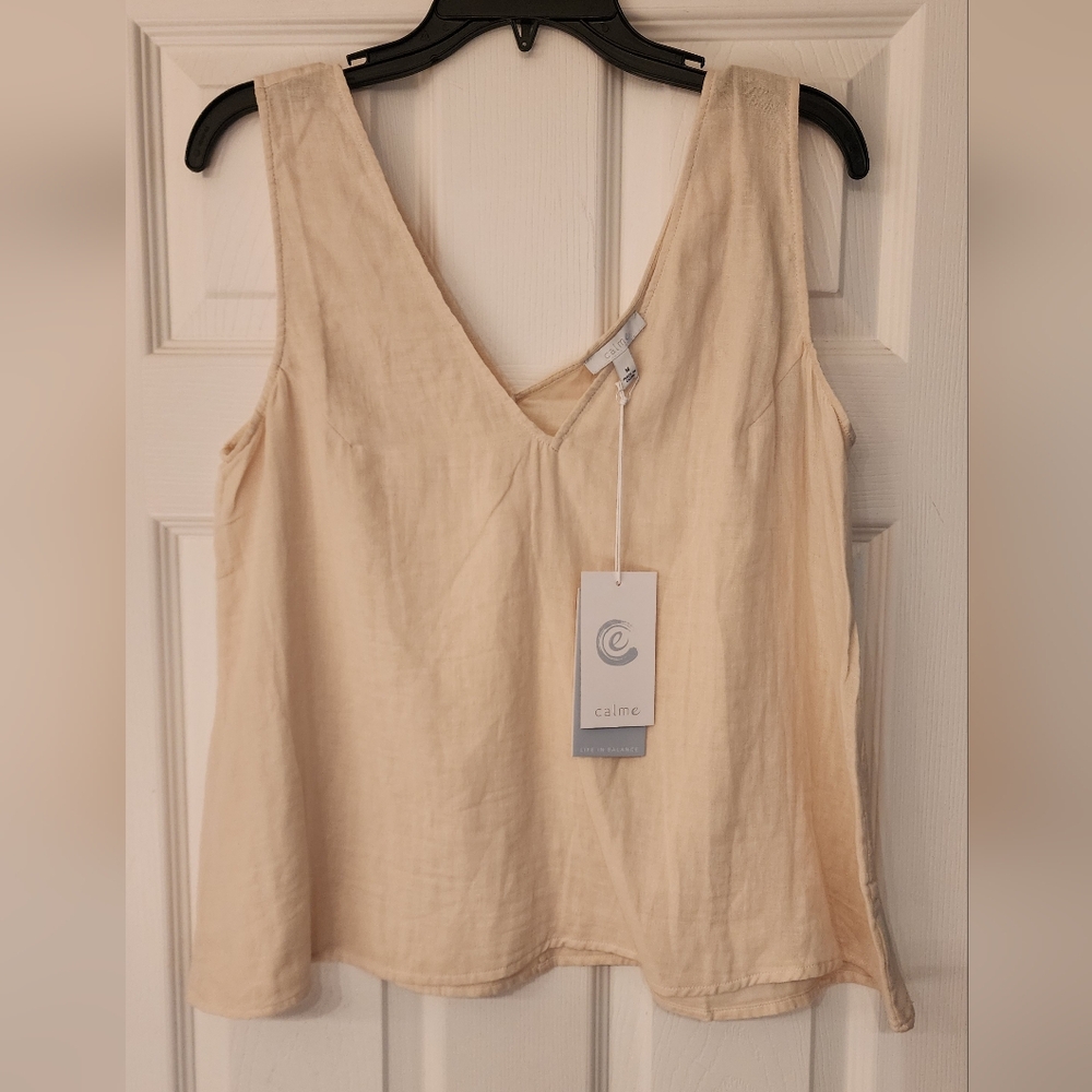 CALME By Johnny Was V-Neck Drape Cotton Lightweight Tank In Ecru - Picture 3 of 9